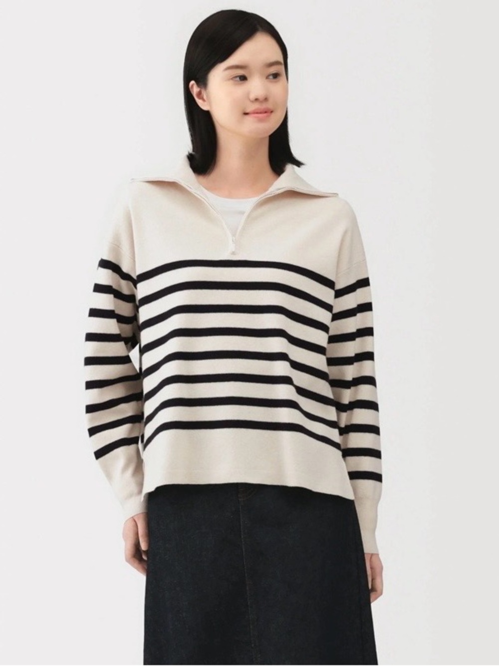 Muji Milano Rib Half-Zip Cream and Black Striped Oversized Sweater size S